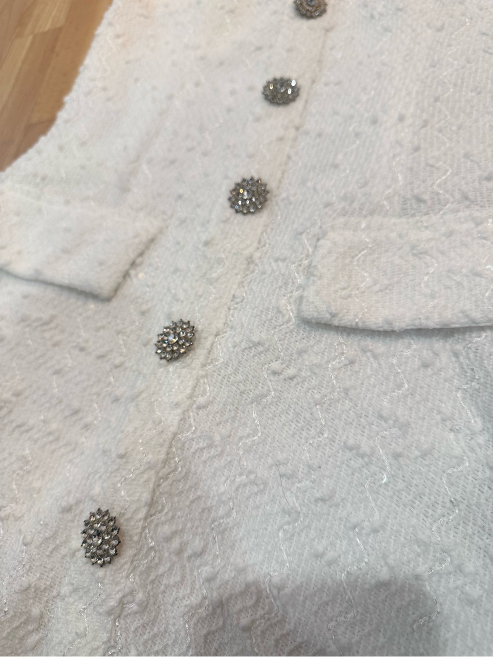 White Textured dress with Rhinestone Buttons